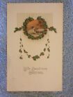 Vintage Postcard With Christmas Greetings, Winter Scene With Wreath