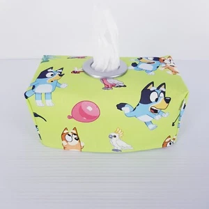 Tissue Box Cover Handmade Green Bluey Print Silver Circle Opening - Picture 1 of 12