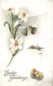 Ostergrüße Glocken an Osterlilien Kükenbabys 1919 geprägte Postkarte - Bild 1 von 2