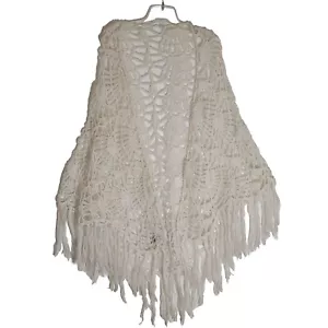 Vintage English Village Shaw Cream Womens One Size Crochet Lace Fringe Wrap Art - Picture 1 of 12
