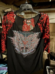 Sheer Roses L Harley Davidson Long Sleeve Shirt Red Black Bling Rhinestone - Picture 1 of 4