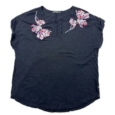 Obey Womens Oversized Tee Shirt Black Embroidered Floral Size Small Notch Neck - Image 1 of 4