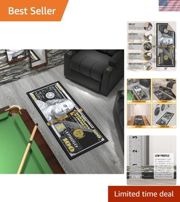 Divertida y llamativa alfombra de dinero negra/dorada de 22" x 53" - antideslizante y resistente a las manchas Foto 1 de 4