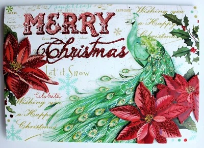 *PUNCH STUDIO Set of 4 Glitter Dimensional Christmas Cards ~ Poinsettia Peacock - Image 1 of 4
