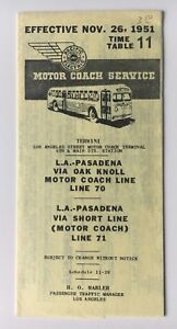 Vintage 1951 Pacific Electric Motor Coach Timetable 11 Lines 70/71 LA-Pasadena  