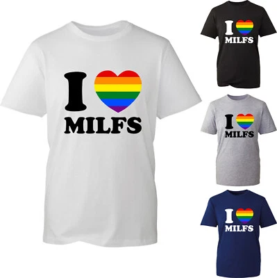 I Love Milfs LGBT Rainbow Heart T-Shirt Gay Pride LGBTQ+ Hilarious Milfs Tee Top - Image 1 of 2