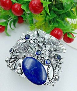 Lapis &Topaz Gemstone 925 sterling Silver Handmade Jewelry Cuff Bracelet
