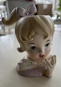 Vintage Inarco Japan E-1060 Cute Girl Blond With Bows Head Vase 1963 Please Read - Picture 1 of 6