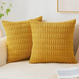 Pack of 2 Mustard Yellow Corduroy Decorative Throw Pillow Covers 18X18 Inch Soft - Picture 1 of 12