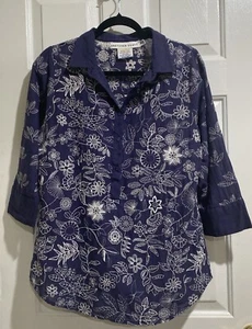 Gretchen Scott Womens Top Navy BlueEmbroidered Floral Half Button Blouse Sz Med - Picture 1 of 7