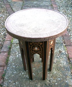 ANTIQUE HEXAGONAL ISLAMIC/SYRIAN WOODEN INLAID SIDE TABLE WITH BRASS TOP - Picture 1 of 5
