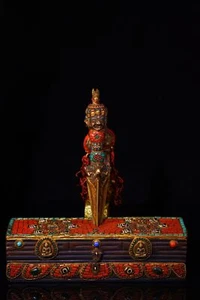Pittura Tibet bronzo puro 11,4" intarsiata gemma dZi perline pugnale Dharma campana Faqi set - Foto 1 di 14