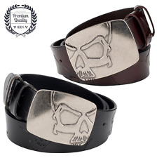 Mens GENUINE LEATHER Luxury Belt Casual Jeans Fashion Skull Square Buckle Black