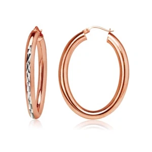 Rose Gold Flashed 925 Silver Two Tone 4mm Oval Diamond-Cut Hoop Earrings, 30mm - Picture 1 of 4