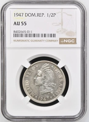 1947 Dominican Rep. 1/2 Peso NGC AU55 Rare Coin - Image 1 of 2
