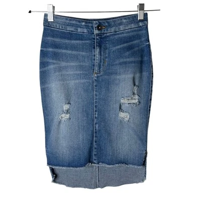 Falda vaquera Guess para mujer 24 lápiz desgastada elástica azul denim dobladillo alto bajo crudo Foto 1 de 4