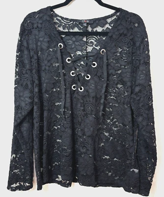 Cleo Black Lace Top 3X Longsleeve Sheer Witchy Whimsigoth Dark Romantic Coquette - Image 1 of 4