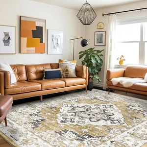 Vintage Style Rug Extra Large Washable Soft Short Pile Gold 200 x 300cm Non Slip - Picture 1 of 6