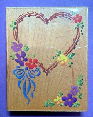 Stampendous Rubber Stamp Wood Mt Flowered Heart Border Ribbon Bow Frame R005 VTG - Image 1 of 4