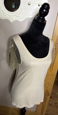 Blumarine Tan Tee Embellished Mesh Puff Sleeves Metal Embroidery Sequins US M - Image 1 of 4