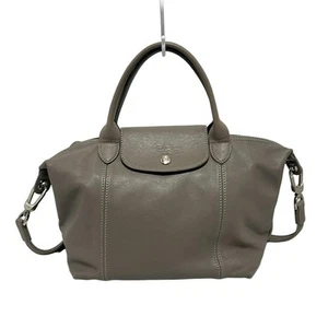 Auth LONGCHAMP Le Pliage Cuir - Gray Beige Leather Handbag - Picture 1 of 9