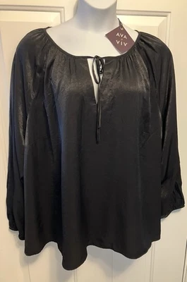 NUEVO CON ETIQUETAS AVA & VIV Blusa Satinada Manga Larga Para Mujer Talla Grande 3X Negra Elegante Top Camisa Foto 1 de 4