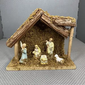 Vintage Christmas Nativity Display Ceramic Figures Moss Covered Rustic Manger - Picture 1 of 12