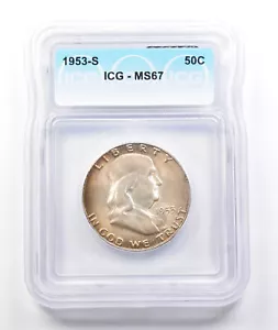 1953-S Franklin Half Dollar MS67 ICG Peripheral Tone *2870 - Picture 1 of 3