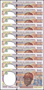 Central African States - Gabon 5000 Francs, 2000, P-404Lf, UNC X 10 PCS - Picture 1 of 2