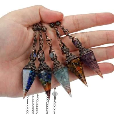 Retro Reiki Chakra Quartz Crystal Pendulum Healing Chips Stone Chain Pendant - Image 1 of 4