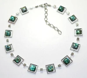 Halskette Kette Abalone Paua Muschel umrahmt von Metallrahmen Würfel Glas 365b - Bild 1 von 5