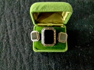 Black Onyx Inlay and Marcasite Ring 925 Solid Sterling Silver SIZE 0 - Picture 1 of 8