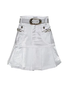 Girl's Short Skirt Two Pocket Zipped With Belt Shiny White Skirt Classic #551312 - Picture 1 of 2