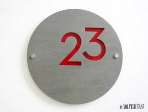 Modern House Numbers , Round Concrete & Red Acrylic- Sign Plaque - Door Number - Picture 1 of 7