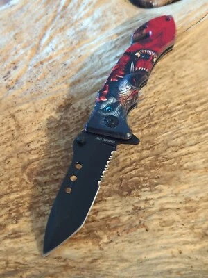 Faca de bolso dobrável lâmina assistida por mola tática luxo lobo preto vermelho 8" - Imagem 1 de 4