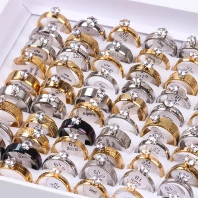100pcs/box wholesale Gold CZ Zircon Stainless Steel women gift Wedding Band Ring - Image 1 of 4