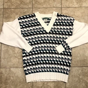 Vintage Michael Thomas Men's Large Egyptian Nile Knit V Neck Sweater Green White - Picture 1 of 10