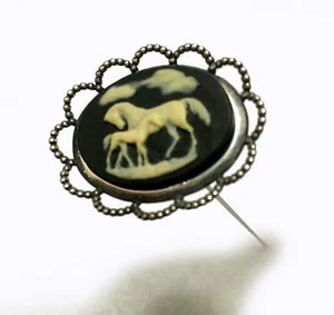 BLACK CAMEO HATPIN WITH WHITE COLT AND HORSE - MARE - ANTIQUE SILVER FINISH - Picture 1 of 13