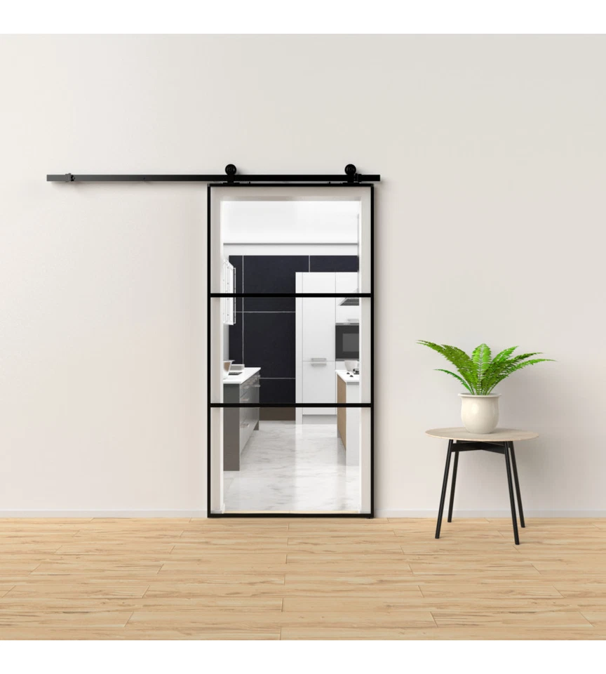 PORTA SCORREVOLE IN ALLUMINIO NERO E 3 SEZIONI IN VETRO TRASPARENTE 96X220 CM - Immagine 1 di 1