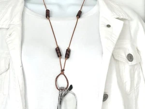 Tan Leather Copper Pendant Eyeglass Necklace, Reading Glasses Holder w Lampwork - Picture 1 of 8