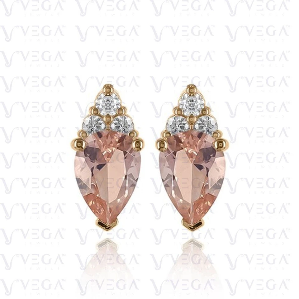 Pendiente de morganita natural y diamantes en forma de pera de 3,36 quilates de oro rosa macizo de 14 quilates Foto 1 de 4
