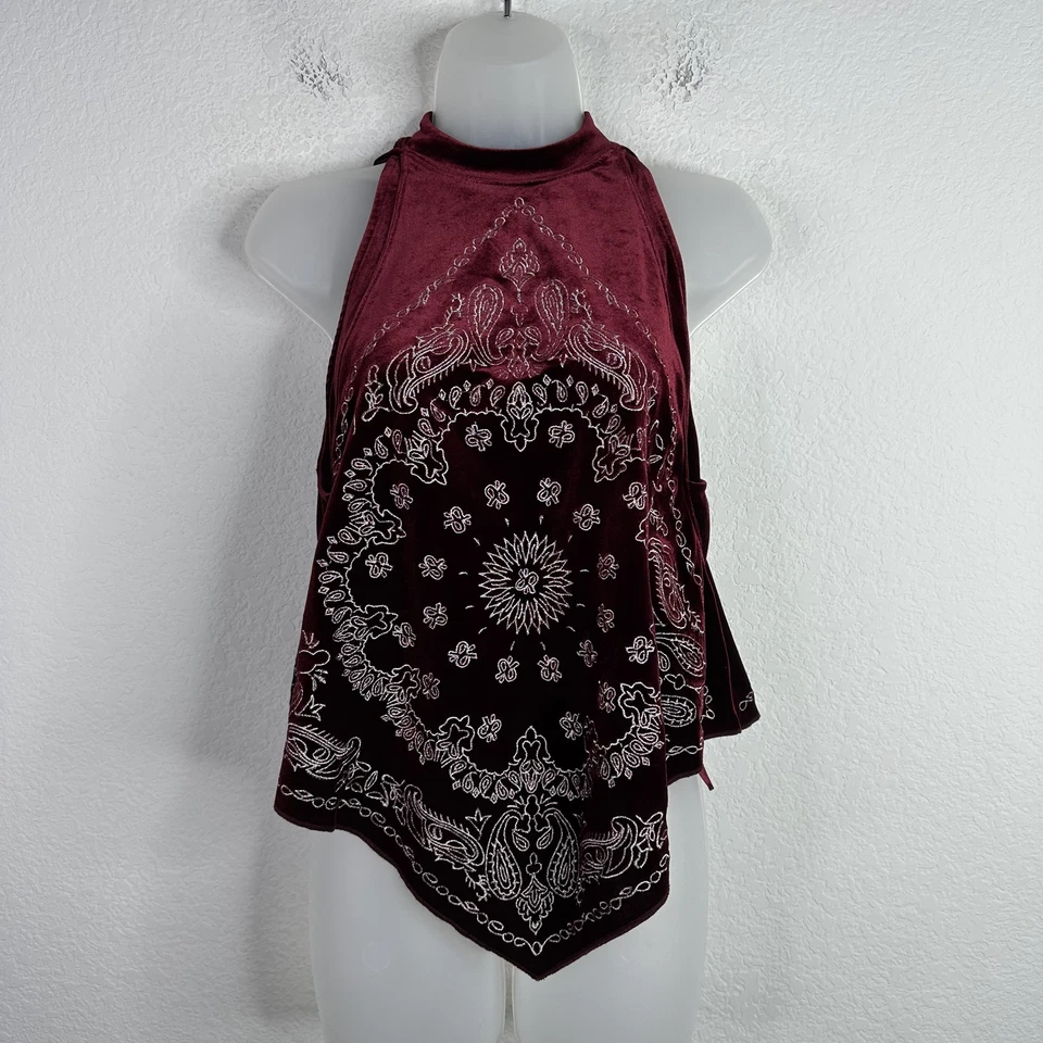 Camisa Free People Feminina XS Burgundy Veludo Bandana Abstrata Boho Hippie Halter - Imagem 1 de 4