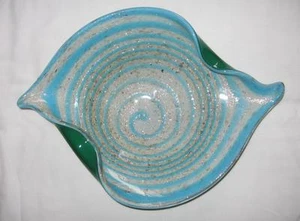 Tazón central vintage de vidrio artístico de Murano remolino azul turquesa escama de oro - Imagen 1 de 8