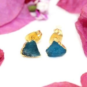 Natural Mini Raw Apatite Birthstone Gold Electroplated Stud Earrings For Her - Picture 1 of 2