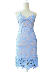Love...Ady Baby Blue Floral Cut Out Midi Cocktail Dress Nude Slip Womens S USA - Picture 1 of 16
