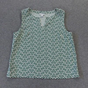Liz Claiborne Womens Shirt Med White Green Geometric Pattern Print Linen Blend - Picture 1 of 6