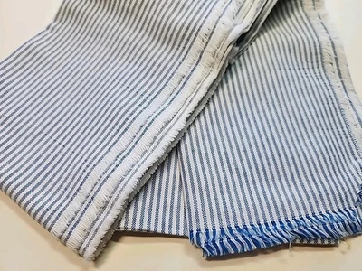 Linen Cotton Blue White Striped Sewing Drapery Woven Fabric 20.5"w X 75" Vtg - Image 1 of 4