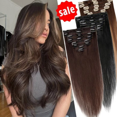 100% Human Extensions Clip In Real Remy Hair Full Head Caramel Clips-In US Stock - Image 1 of 4