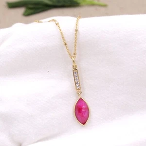 Solid 925 Sterling Silver Gold Plated Jewelry Pink Corundum & CZ 16+2"Necklace - Picture 1 of 4