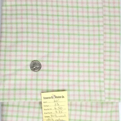 Traverser Bay Wool Blend Fabric Check Plaid Pink Green Lightweight 60"X 1 1/2 Yd - Image 1 of 2